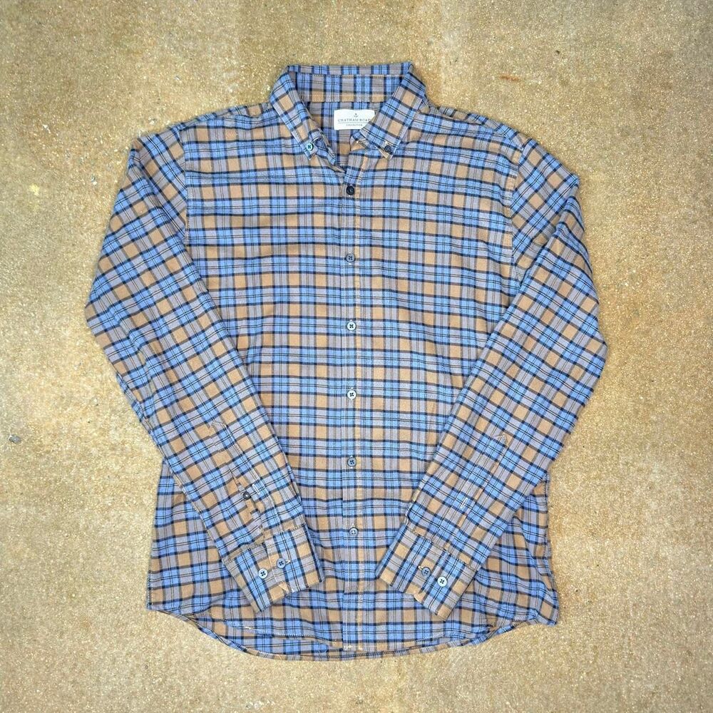 Chatham Road Collection Mens Medium Blue Tan Plaid Button Down Shirt Cotton